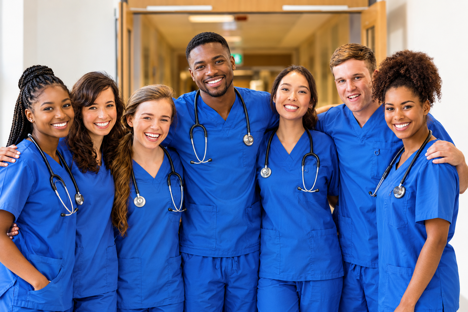 Seven people in blue scrubs with stethoscopes standing together in a hallway